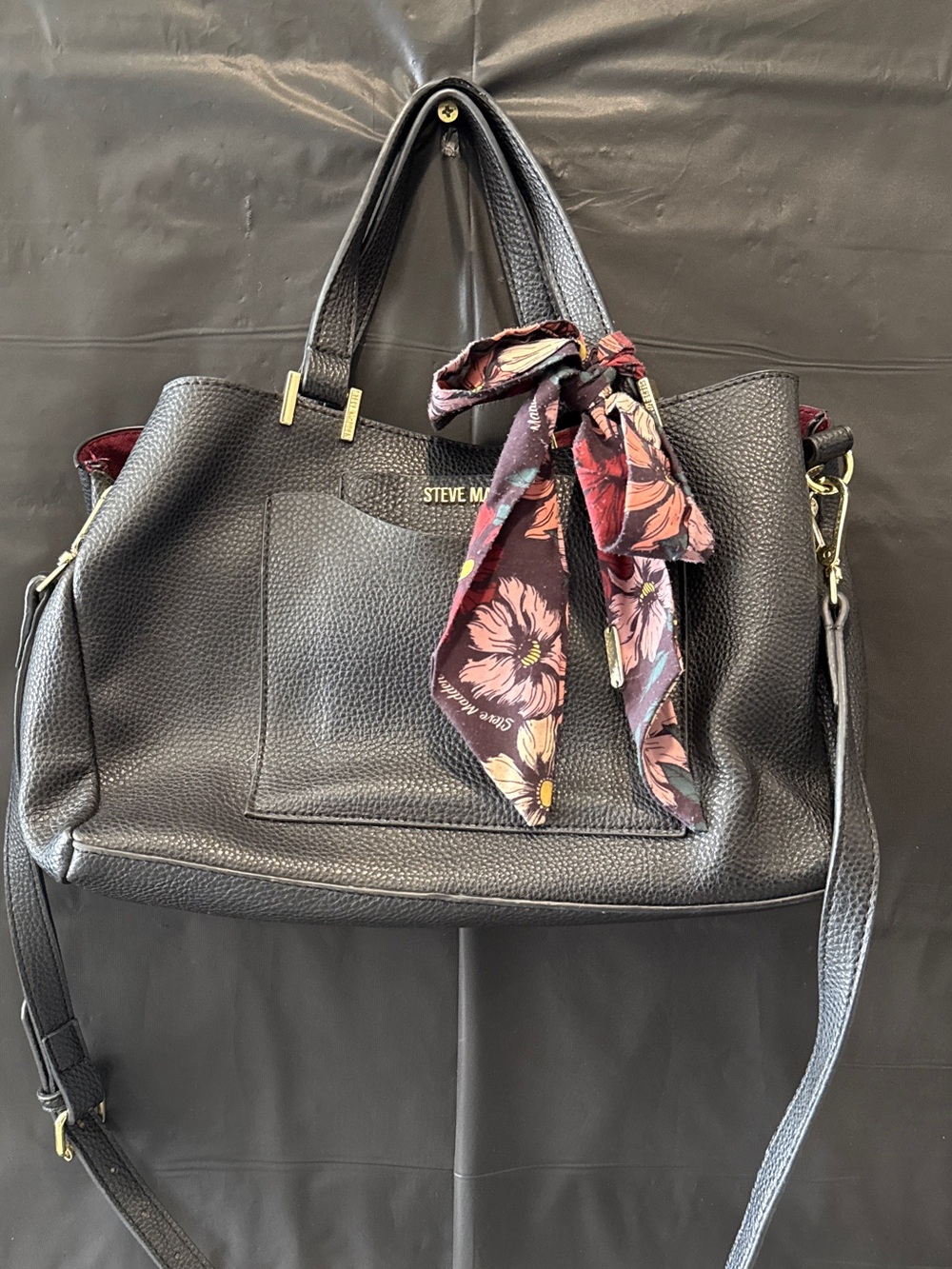 Steve Madden Black Pebbled Tote with Floral Accent Scarf
